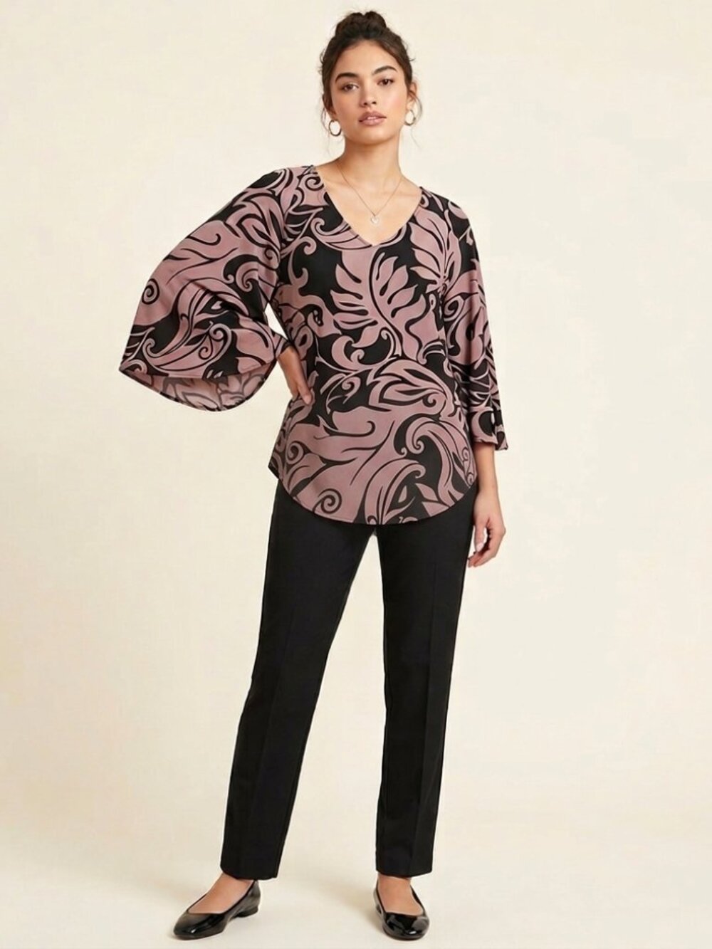 V-Neck Bell Sleeve Printed Top - Tan & Black